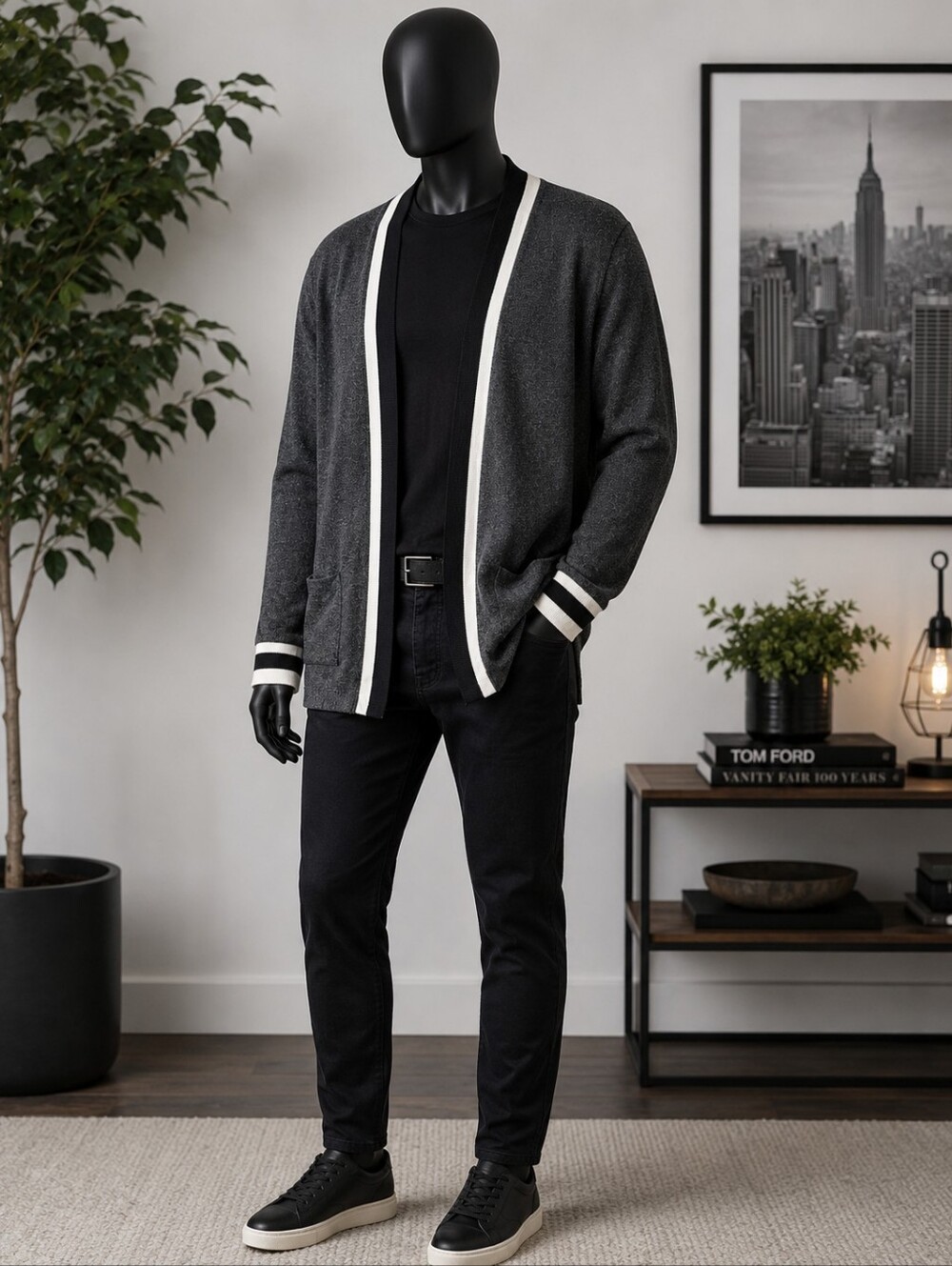 Zara Man Men's L 100% Cotton Longline Cardigan Gray Black Cream